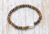 CFB766 faceted rondelle yellow tiger eye & potato white freshwater pearl stretchy bracelet