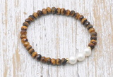 CFB767 faceted rondelle yellow tiger eye & potato white freshwater pearl stretchy bracelet