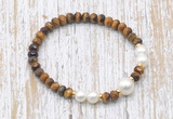 CFB768 faceted rondelle yellow tiger eye & potato white freshwater pearl stretchy bracelet