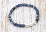 CFB770 faceted rondelle sodalite & potato white freshwater pearl stretchy bracelet