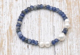 CFB771 faceted rondelle sodalite & potato white freshwater pearl stretchy bracelet