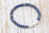 CFB773 faceted rondelle lapis lazuli & potato white freshwater pearl stretchy bracelet