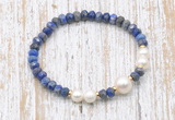 CFB774 faceted rondelle lapis lazuli & potato white freshwater pearl stretchy bracelet