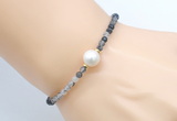 CFB811 4mm faceted round black rutilated quartz & potato white freshwater pearl bracelet