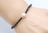 CFB825 4mm faceted round black tourmaline & potato white freshwater pearl bracelet