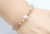 CFB834 4mm faceted round yellow crazy lace agate & potato white freshwater pearl bracelet