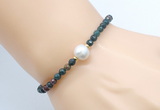 CFB837 4mm faceted round Indian bloodstone & potato white freshwater pearl bracelet