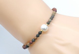 CFB838 4mm faceted round picasso jasper & potato white freshwater pearl bracelet