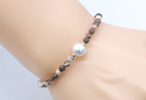 CFB839 4mm faceted round brown zebra jasper & potato white freshwater pearl bracelet