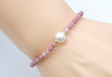 CFB841 4mm faceted round pink wooden jasper & potato white freshwater pearl bracelet