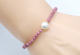 CFB842 4mm faceted round pink wooden jasper & potato white freshwater pearl bracelet