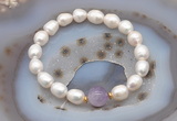 CFB901 9mm - 10mm rice white freshwater pearl & lavender amethyst stretchy bracelet