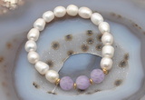 CFB902 9mm - 10mm rice white freshwater pearl & lavender amethyst stretchy bracelet