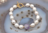 CFB904 Hand-knotted 9mm - 10mm rice white freshwater pearl & lavender amethyst bracelet