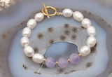 CFB905 Hand-knotted 9mm - 10mm rice white freshwater pearl & lavender amethyst bracelet