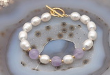 CFB906 Hand-knotted 9mm - 10mm rice white freshwater pearl & lavender amethyst bracelet