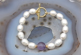 CFB909 Hand-knotted 9mm - 10mm rice white freshwater pearl & amethyst bracelet