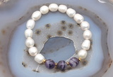 CFB910 9mm - 10mm rice white freshwater pearl & dogtooth amethyst stretchy bracelet