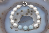 CFB911 Hand-knotted 9mm - 10mm rice white freshwater pearl & aquamarine bracelet