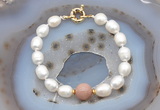 CFB912 Hand-knotted 9mm - 10mm rice white freshwater pearl & moonstone bracelet