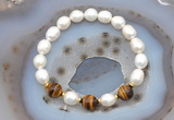 CFB915 9mm - 10mm rice white freshwater pearl & yellow tiger eye stretchy bracelet