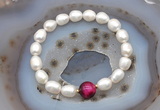 CFB916 9mm - 10mm rice white freshwater pearl & red tiger eye stretchy bracelet