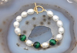 CFB917 Hand-knotted 9mm - 10mm rice white freshwater pearl & green tiger eye bracelet