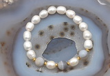 CFB918 9mm - 10mm rice white freshwater pearl & grey banded agate stretchy bracelet