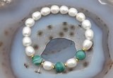 CFB922 9mm - 10mm rice white freshwater pearl & green banded agate stretchy bracelet