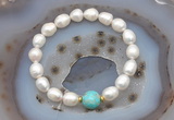 CFB926 9mm - 10mm rice white freshwater pearl & blue sea sediment jasper stretchy bracelet