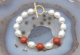 CFB927 Hand-knotted 9mm - 10mm rice white freshwater pearl & red jasper bracelet