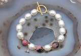 CFB929 Hand-knotted 9mm - 10mm rice white freshwater pearl & rhodonite bracelet