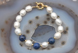 CFB931 Hand-knotted 9mm - 10mm rice white freshwater pearl & dumortierite bracelet