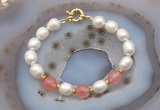 CFB935 Hand-knotted 9mm - 10mm rice white freshwater pearl & cherry quartz bracelet