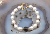 CFB937 Hand-knotted 9mm - 10mm rice white freshwater pearl & smoky quartz bracelet