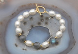 CFB938 Hand-knotted 9mm - 10mm rice white freshwater pearl & labradorite bracelet