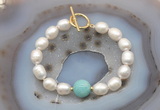 CFB939 Hand-knotted 9mm - 10mm rice white freshwater pearl & amazonite bracelet