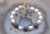 CFB941 Hand-knotted 9mm - 10mm rice white freshwater pearl & lapis lazuli bracelet