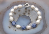 CFB942 Hand-knotted 9mm - 10mm rice white freshwater pearl & blue spot stone bracelet