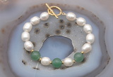 CFB944 Hand-knotted 9mm - 10mm rice white freshwater pearl & green aventurine bracelet