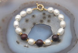 CFB948 Hand-knotted 9mm - 10mm rice white freshwater pearl & brecciated jasper bracelet