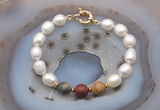 CFB949 Hand-knotted 9mm - 10mm rice white freshwater pearl & picasso jasper bracelet