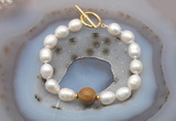 CFB951 Hand-knotted 9mm - 10mm rice white freshwater pearl & wooden jasper bracelet