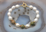 CFB953 Hand-knotted 9mm - 10mm rice white freshwater pearl & unakite bracelet