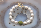 CFB954 Hand-knotted 9mm - 10mm rice white freshwater pearl & China jade bracelet