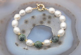 CFB955 Hand-knotted 9mm - 10mm rice white freshwater pearl & African turquoise bracelet