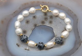 CFB956 Hand-knotted 9mm - 10mm rice white freshwater pearl & snowflake obsidian bracelet