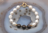 CFB959 Hand-knotted 9mm - 10mm rice white freshwater pearl & bronzite bracelet