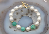 CFB962 Hand-knotted 9mm - 10mm rice white freshwater pearl & peafowl agate bracelet