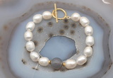 CFB964 Hand-knotted 9mm - 10mm rice white freshwater pearl & grey agate bracelet